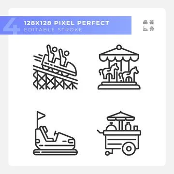 Riding amusement pixel perfect linear icons set Stock Illustration