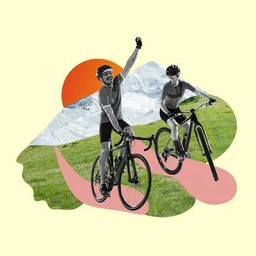 Riding a bicycle. Bw image of two professional cyclists, man and woman riding Stock Photos