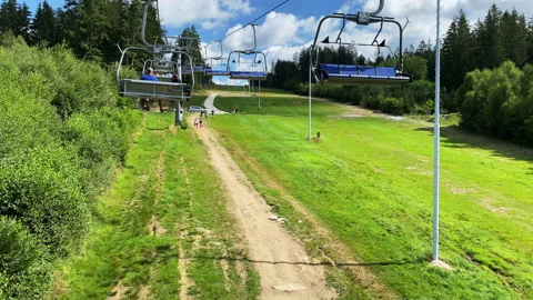 Riding on a cable way up to the hill 库存影片 164917820
