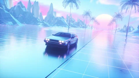 Riding Car and Landscape at Sunset Colorful SynthWave Loop Stock Footage 281609074