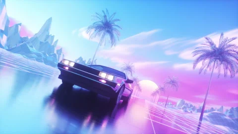 Riding Car and Landscape at Sunset Colorful SynthWave Backdrop Stock Footage 281609191