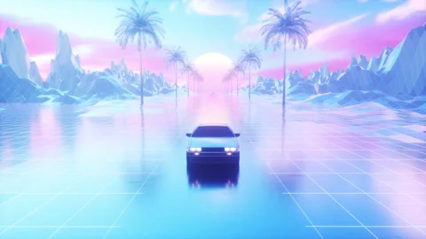 Riding Car and Landscape at Sunset Colorful SynthWave Looped Backdrop Stock Footage 281609265