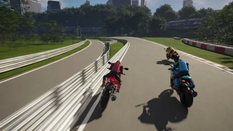 Riding a fast motorcycle in a virtual racing bike simulator computer game Video stock 279661934
