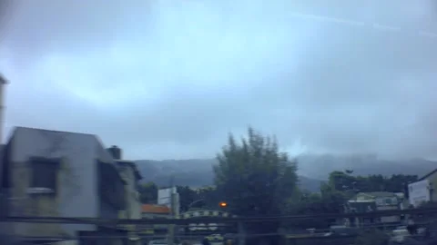 Riding fast moving forward on sky metro train view of ghetto slum old dirty Stock Footage 204457507
