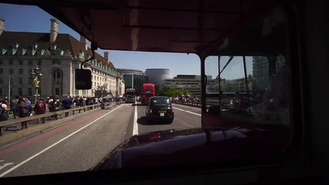 Riding historic red double deck routemaster bus in London, English culture  Stock Footage 116680961