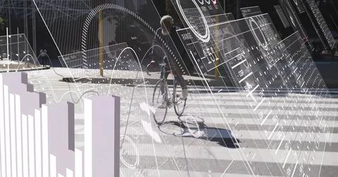 Riding man in dark jacket and backpack crossing zebra at urban plaza, with 写真素材