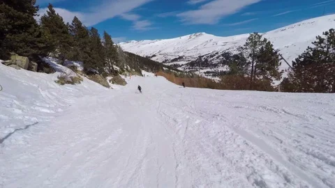 Riding in mountains down piste on alpine skiing resort POV Vídeo Stock 106488490