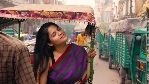 Riding through Old Delhi in Rickshaw bike  스톡 동영상 83309733