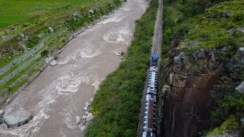 Riding Train Next To River [Drone Footage] Stock Footage 87129651
