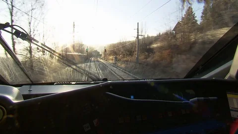 Riding a train_Engines driver point of view_giving a signal Stock Footage 71297336