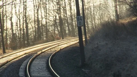 Riding a train_Round a curve_Engines driver point of view Stock Footage 71297130