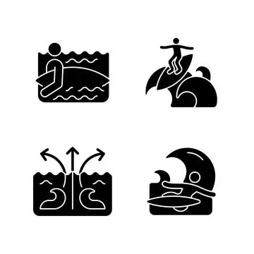 Riding wave using board black glyph icons set on white space Stock Illustration