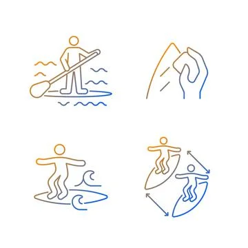 Riding waves in ocean gradient linear vector icons set Ilustración de archivo