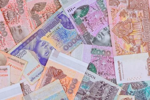 Riels of different nominal values represent a Cambodian national currency Stock Photos