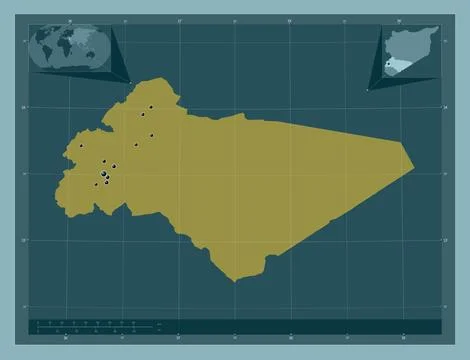 Rif Dimashq, Syria. Solid color shape. Locations of major cities of the regio 스톡 일러스트