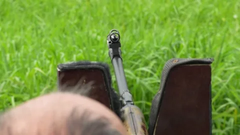 A rifle front sight view resting on a wooden support. Stock Footage 343157910
