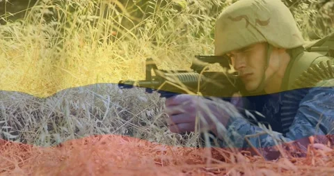 Rifle muzzle entering soldier sliding prone in grass aiming for defense drill Stock Footage 329454425