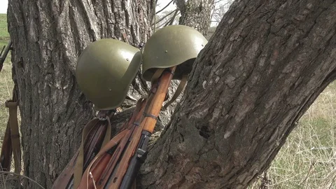 Rifles and helmets of the Soviet army of the Second World War Stock Footage 89679131