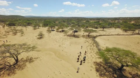 Rift valley tribal leaders walking in african savannah landscape, dry season Stock Footage