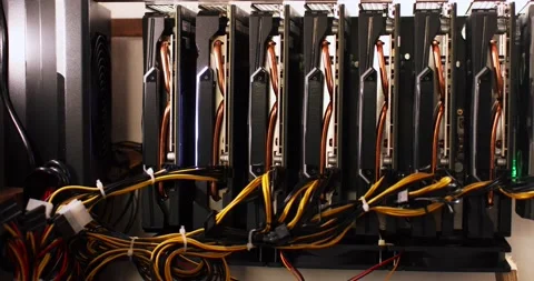 Rig for cryptocurrency mining installed at home close-up 4k Stock Footage 155567572