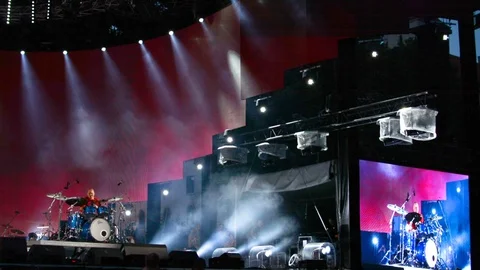 Riga, August 19: drummer performing live at big stage at Baltic Drummer Summit a Stockbeeldmateriaal 93987868