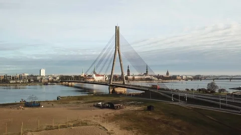 Riga bridge &amp; old town Stock Footage 122158657