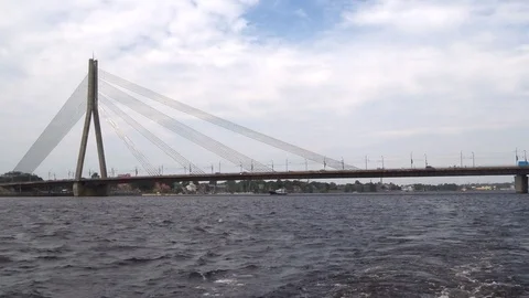 Riga bridge - view from the stern of the ship on the river Dvina (Daugava) Stock Footage 95078501