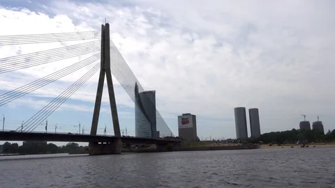 Riga bridge - view from the stern of the ship on the river Dvina (Daugava) Stock Footage 95195287