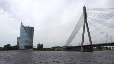 Riga bridge - view from the stern of the ship on the river Dvina (Daugava) Stock Footage 95195343