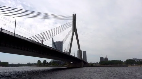 Riga cable bridge - view from the the Dvina (Daugava) river Stock Footage 95195465