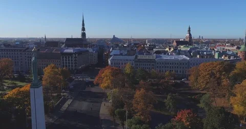 Riga city day time bridge Autumn Drone flight Milda Stock Footage 84281326