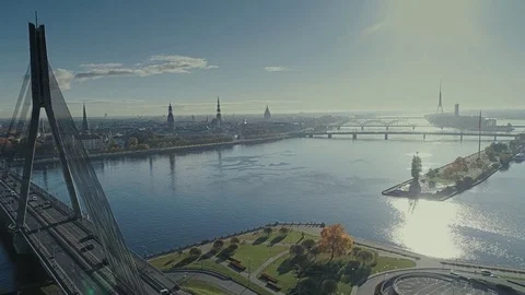 Riga City Drone River Fligth Stock Footage 82048137