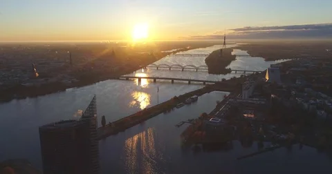 Riga city evening sunset Old town Riga Drone flight over Roads, Bridge and Stock-Footage 84328097