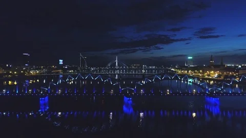 Riga city Night time bridge Autumn Drone flight 動画素材 84238320
