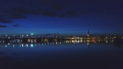 Riga city Night time bridge Autumn Drone flight Stock Footage 84238522