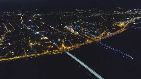 Riga city Night time bridge Autumn Drone flight Stock Footage 84238724
