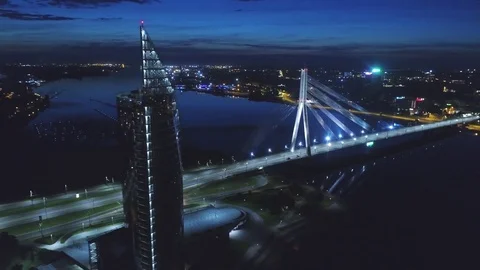 Riga city Night time bridge Autumn Drone flight Stock Footage 84261695