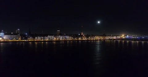 Riga city Night time Old town Riga Autumn Drone flight Stock Footage 84223113