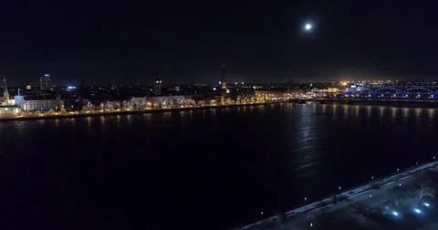 Riga city Night time Old town Riga Autumn Drone flight 스톡 동영상 84224189