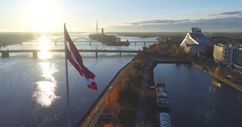 Riga city Old Down Town Autumn Drone Flight day time Flag Stock-Footage 84328800
