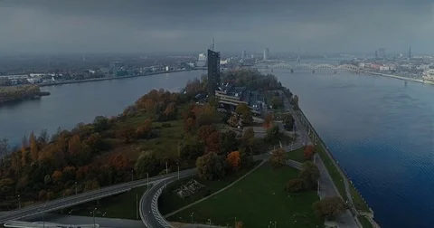 Riga city Old Down Town Autumn Drone Flight TV tower bridges Stock-Footage 85246537