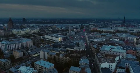 Riga city Old Down Town Autumn Drone Flight night Stock Footage 85246752