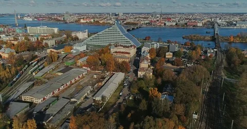 Riga city Old Down Town Autumn Drone Flight TV tower bridges daugava river Stock Footage 85326051