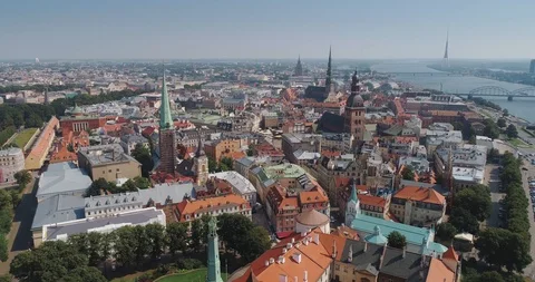 Riga city Old Down Town summer Drone Flight over Daugava river Stock Footage 87806542