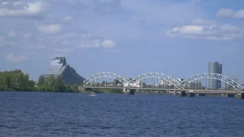 Riga Cityscape with Daugava River Library and Z-Towers,  June 2018, Riga, Latvia Stock Footage 311938771