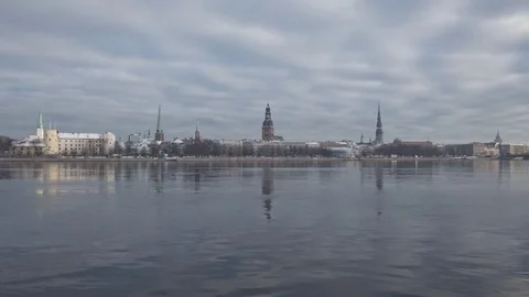 Riga Down Town city Daugava river hypperlapse, winter time-lapse Stock Footage 82948745