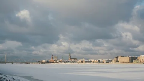 Riga Down Town in winter time, Daugava river, snow Stock Footage 82948047