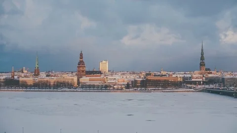 Riga Down Town in winter time, Daugava river, snow Stock Footage 82948468