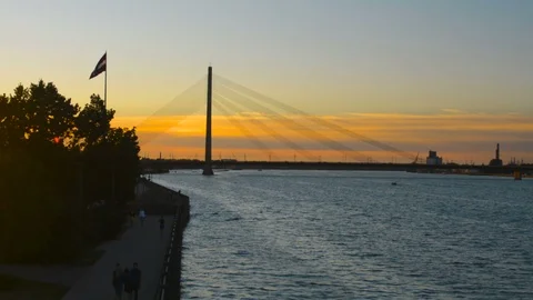 Riga famous cable bridge silhouette aginst dramatic evening twilight sunset sky 스톡 동영상 91706680