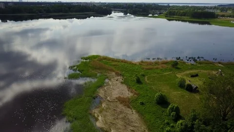 Riga lake Aerial drone top view 4K UHD video Latvia Brivdabas Muzejs Stock Footage